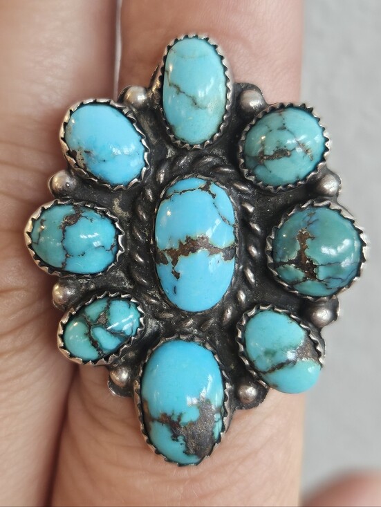 Navajo Jewelry - Vintage Navajo Sterling Silver Turquoise Cabochon Cluster Statement Ring 10.5